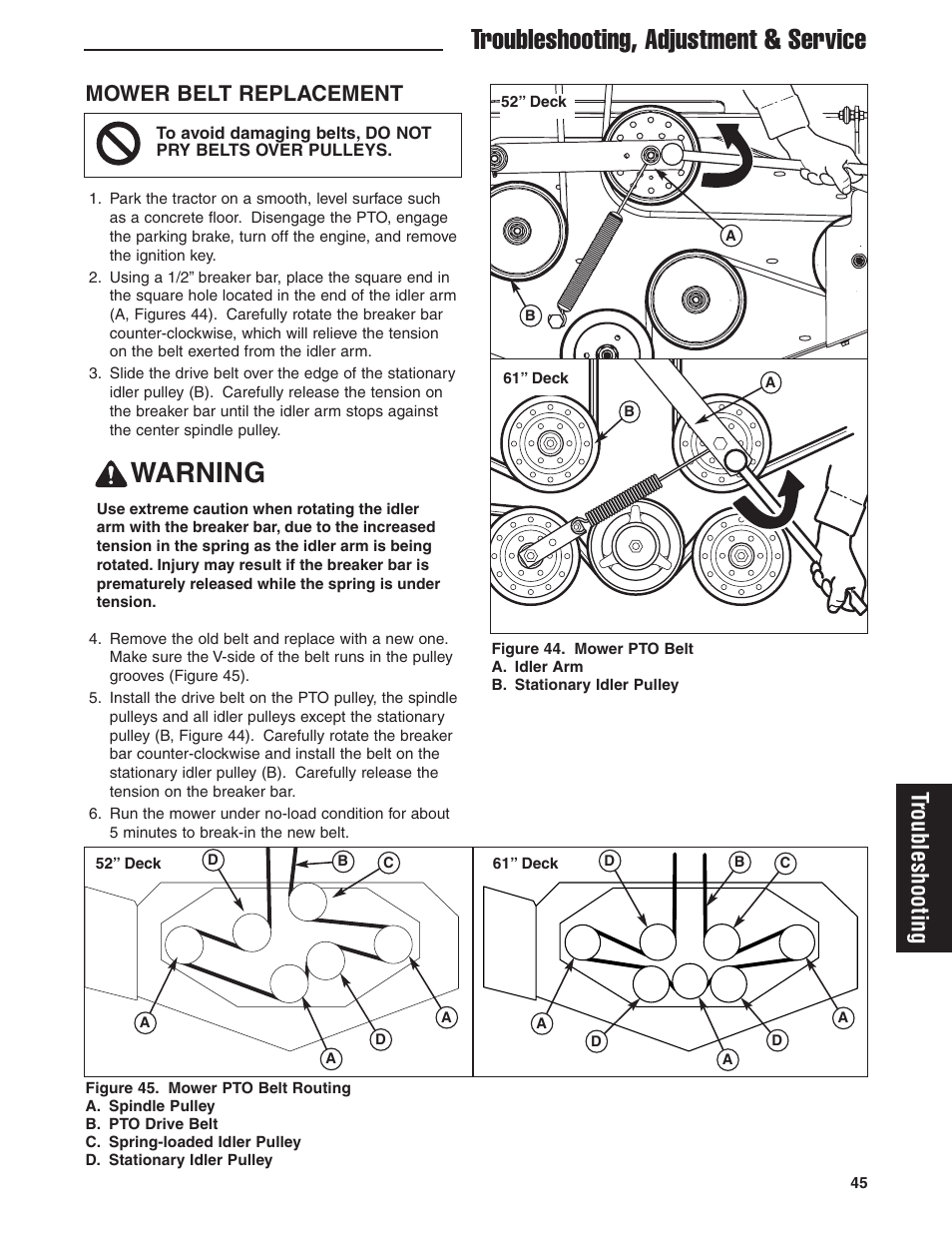 Warning, Troubleshooting, adjustment & service, Troubleshooting | Mower belt replacement | Ferris Industries 5900619 User Manual | Page 47 / 52