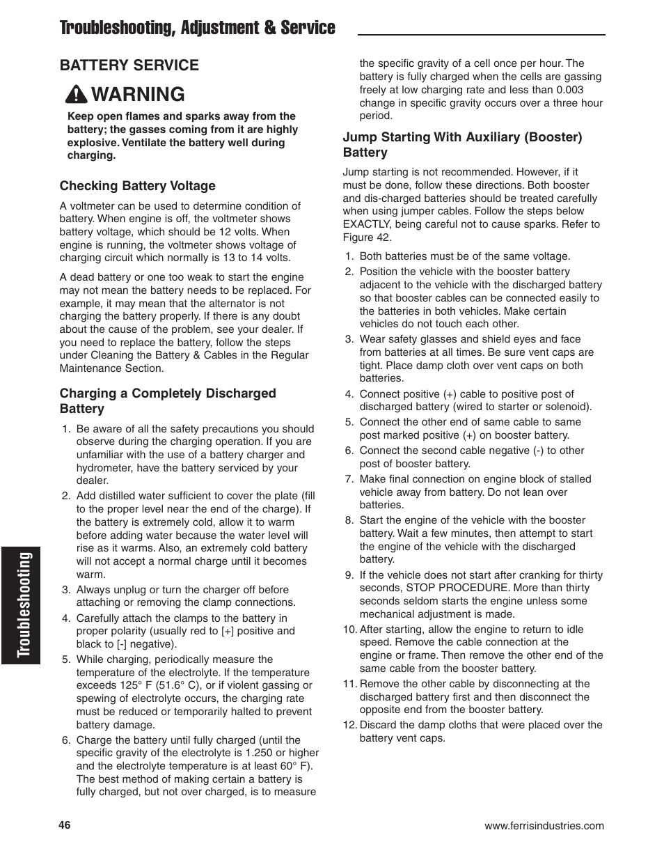 Troubleshooting, adjustment & service, Warning, Troubleshooting | Battery service | Ferris Industries 5900619 User Manual | Page 48 / 52