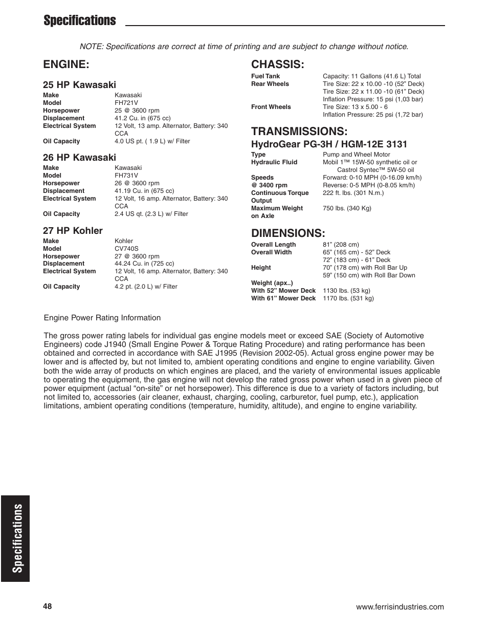 Specifications, Engine, Chassis | Transmissions, Dimensions, 25 hp kawasaki, 26 hp kawasaki, 27 hp kohler | Ferris Industries 5900619 User Manual | Page 50 / 52