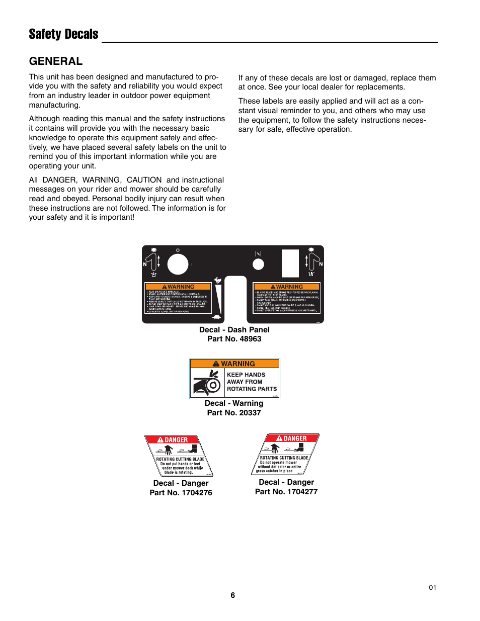 Safety decals, General | Ferris Industries BGF36KAV15 User Manual | Page 8 / 36