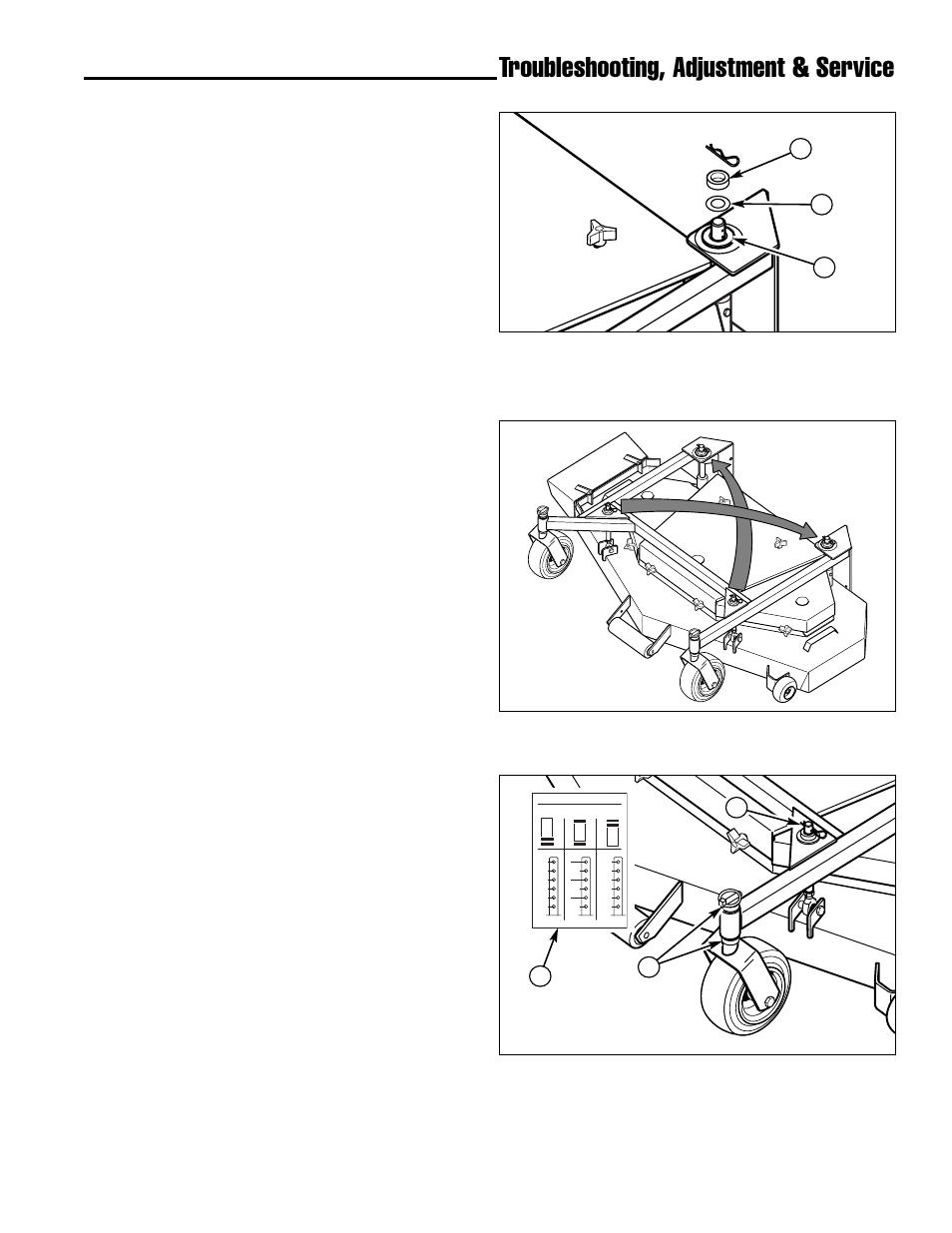 Troubleshooting, adjustment & service, Mowing height adjustment, Shimming the hanger shafts | Ddsh models only), Figure 20. shim assembly position, Figure 21. proper shim location | Ferris Industries Hydrowalk Series DDSKAV23CE User Manual | Page 25 / 43
