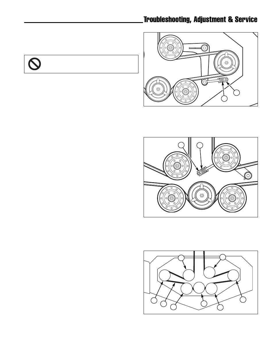 Troubleshooting, adjustment & service, Mower belt replacement and adjustment | Ferris Industries Hydrowalk Series DDSKAV23CE User Manual | Page 27 / 43