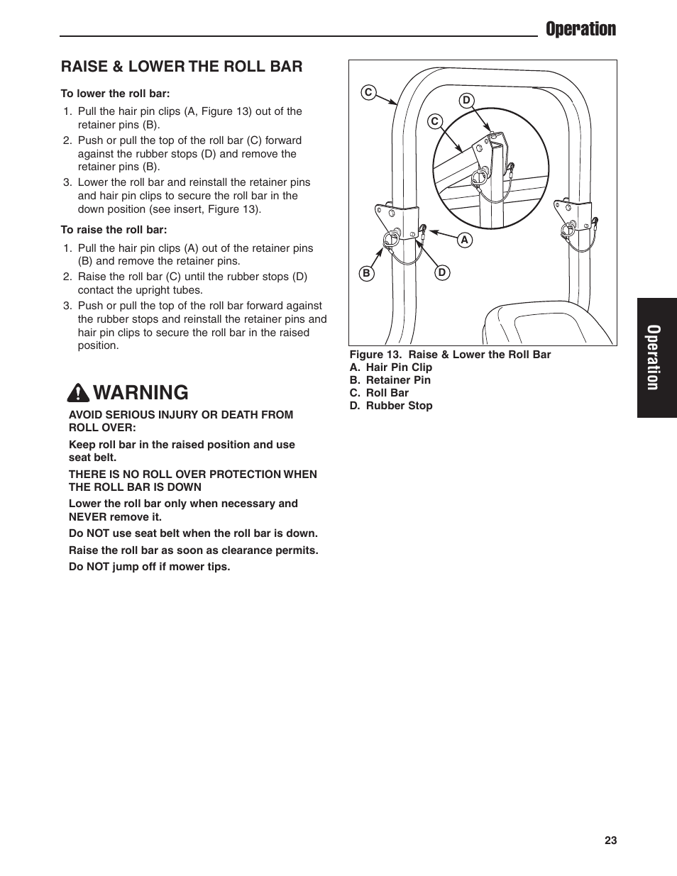Operation warning, Operation, Raise & lower the roll bar | Ferris Industries 5900605 User Manual | Page 25 / 48