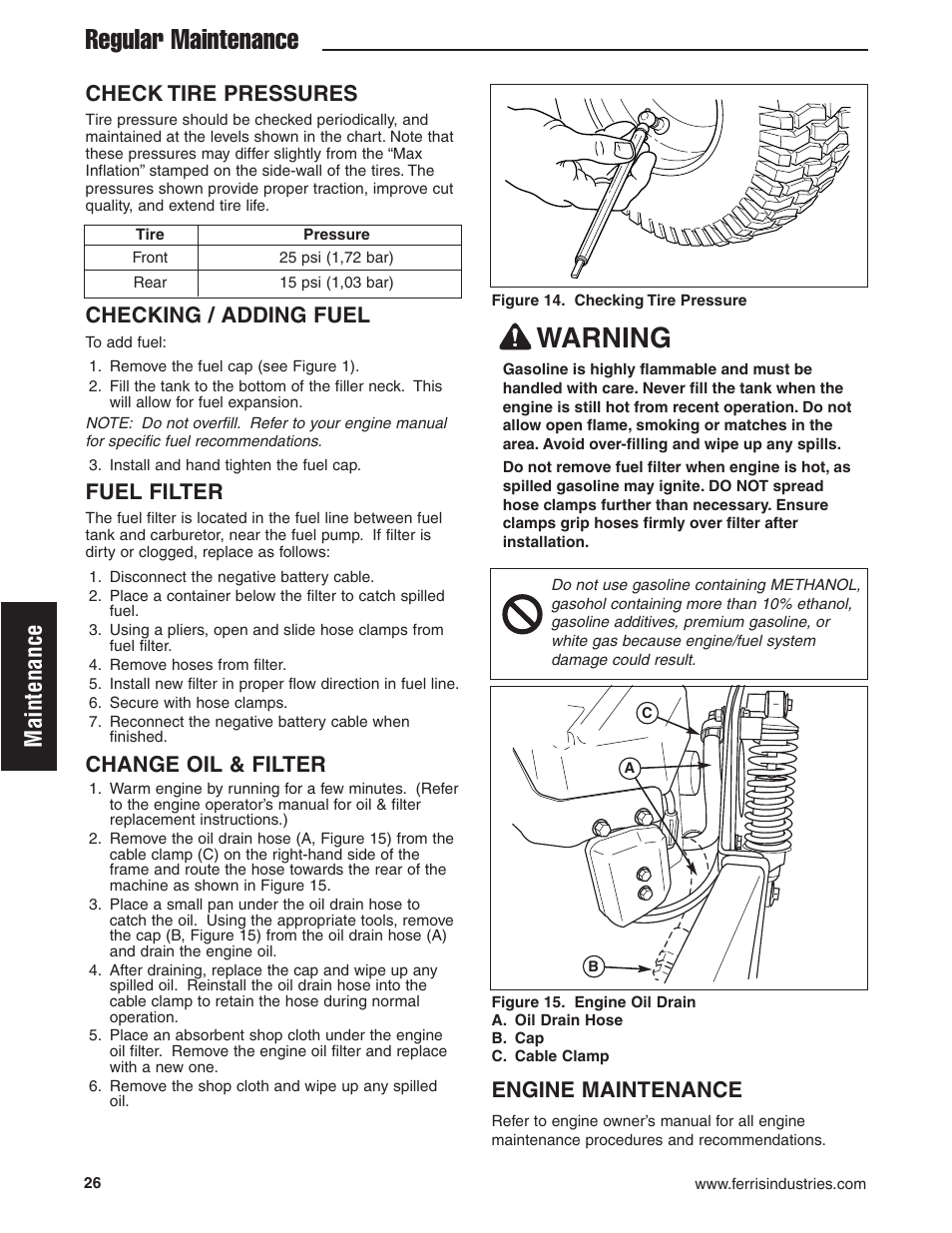 Warning, Regular maintenance, Maintenance | Check tire pressures, Checking / adding fuel, Fuel filter, Change oil & filter, Engine maintenance | Ferris Industries 5900605 User Manual | Page 28 / 48