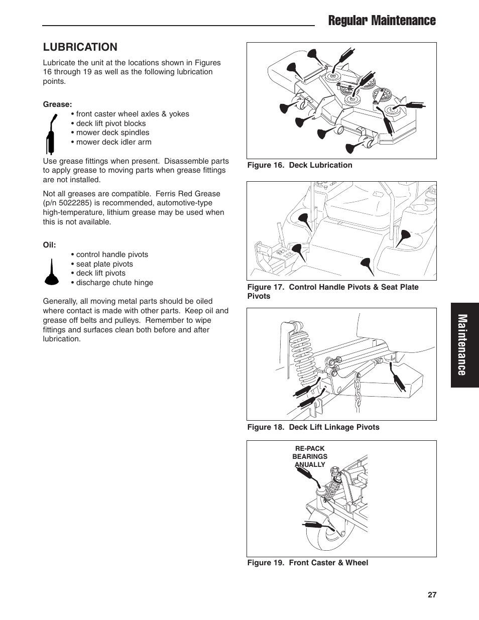 Regular maintenance, Maintenance, Lubrication | Ferris Industries 5900605 User Manual | Page 29 / 48