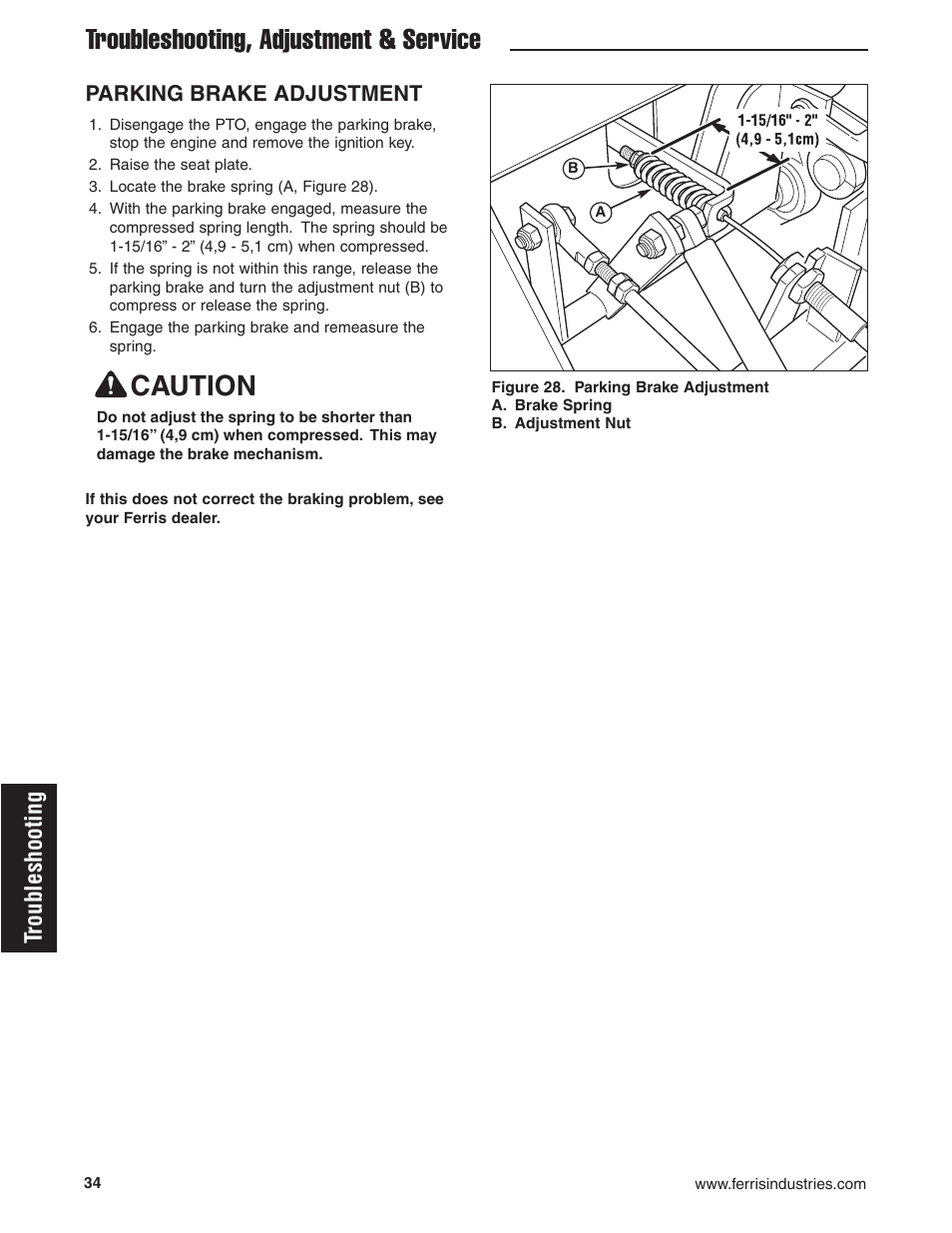 Troubleshooting, adjustment & service, Caution, Troubleshooting | Parking brake adjustment | Ferris Industries 5900605 User Manual | Page 36 / 48