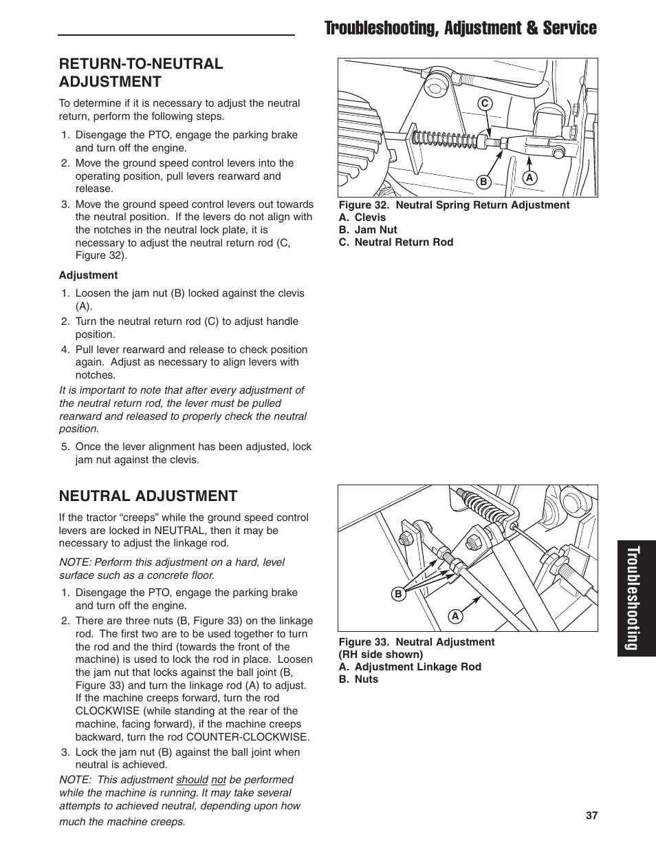 Troubleshooting, adjustment & service, Troubleshooting, Return-to-neutral adjustment | Neutral adjustment | Ferris Industries 5900605 User Manual | Page 39 / 48