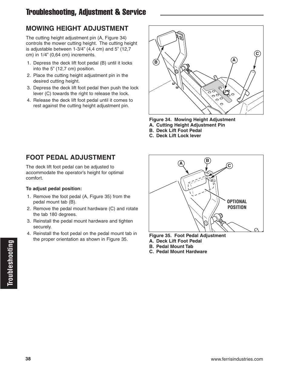 Troubleshooting, adjustment & service, Troubleshooting, Mowing height adjustment | Foot pedal adjustment | Ferris Industries 5900605 User Manual | Page 40 / 48