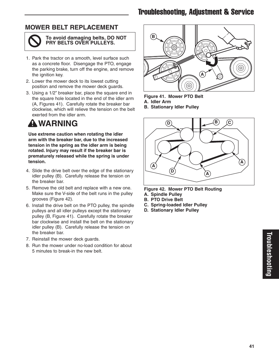Troubleshooting, adjustment & service, Warning, Troubleshooting | Mower belt replacement | Ferris Industries 5900605 User Manual | Page 43 / 48