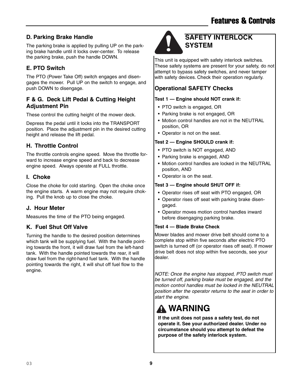 Features & controls, Warning, Safety interlock system | Ferris Industries 1000ZKAV21/48CE User Manual | Page 11 / 42