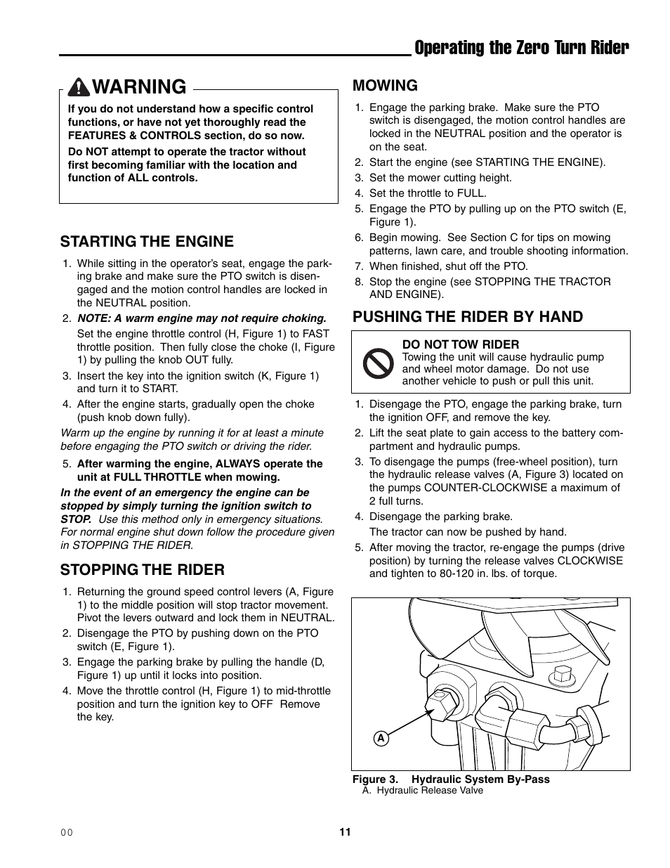 Warning, Operating the zero turn rider, Starting the engine | Stopping the rider, Mowing, Pushing the rider by hand | Ferris Industries 1000ZKAV21/48CE User Manual | Page 13 / 42