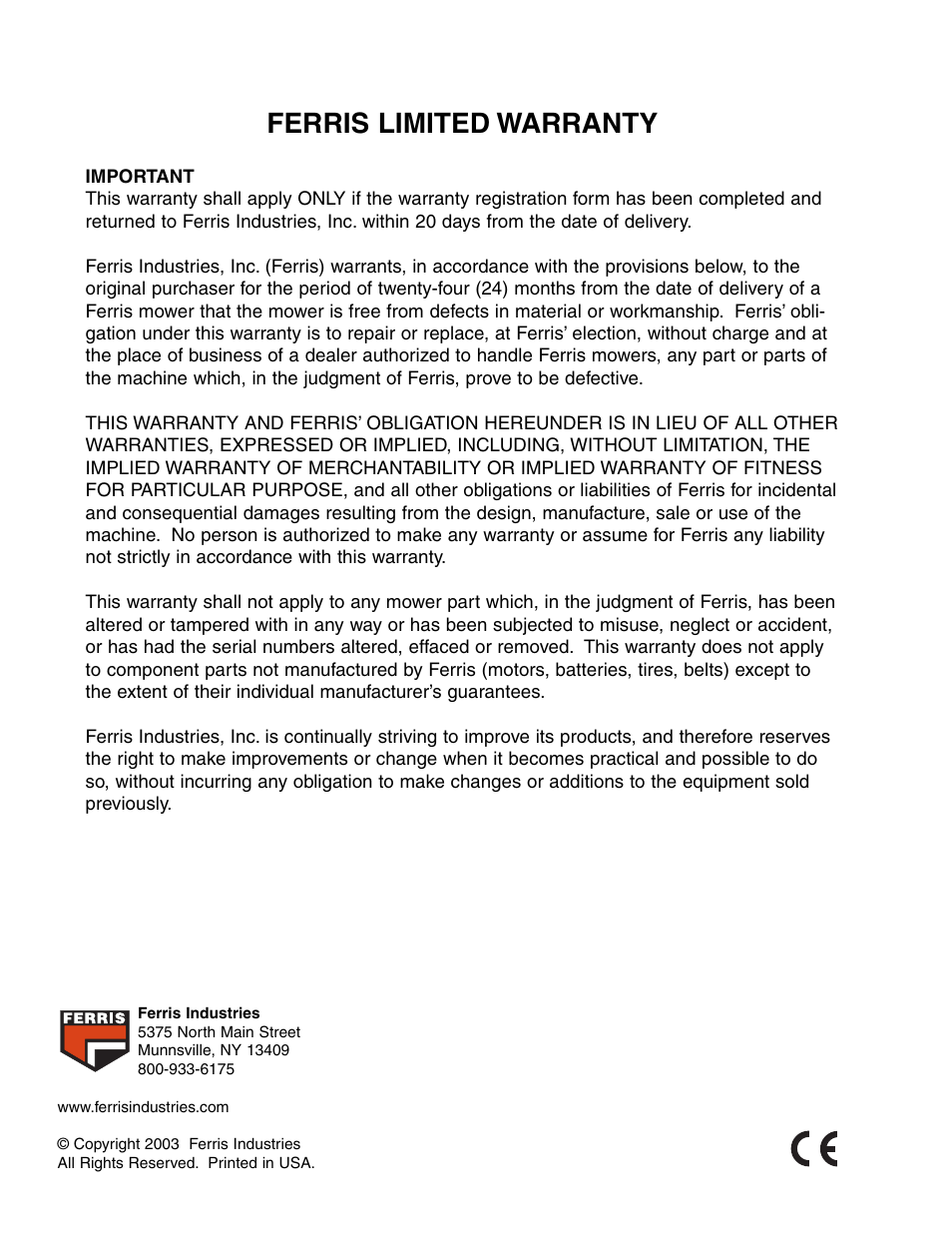 Ferris limited warranty | Ferris Industries 1000ZKAV21/48CE User Manual | Page 2 / 42