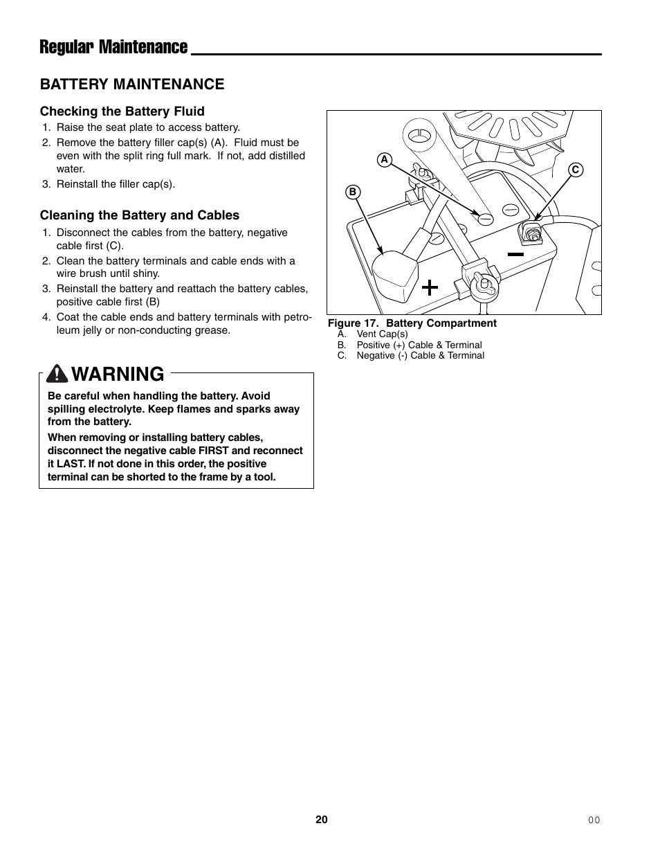 Warning, Regular maintenance, Battery maintenance | Ferris Industries 1000ZKAV21/48CE User Manual | Page 22 / 42