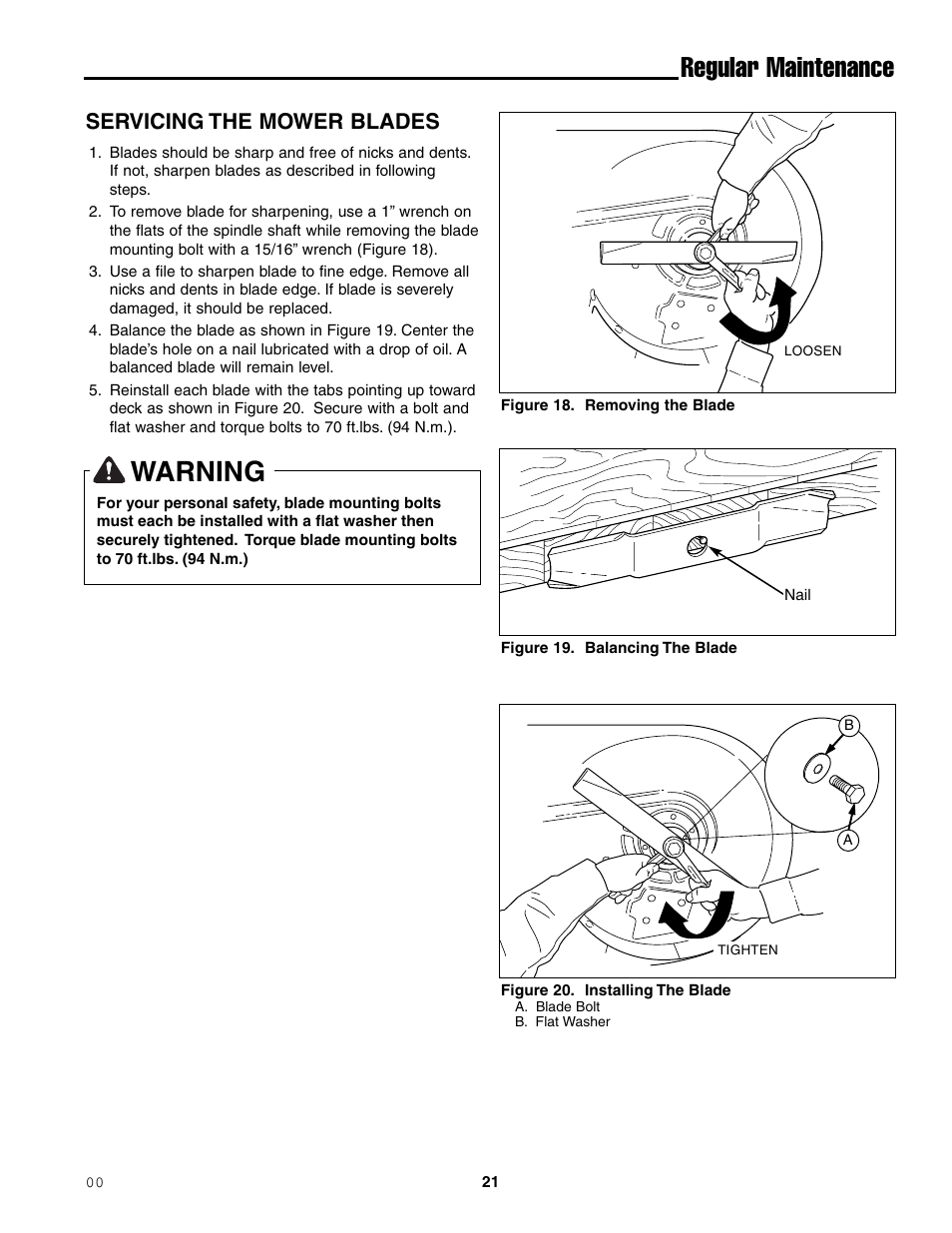 Warning, Regular maintenance, Servicing the mower blades | Ferris Industries 1000ZKAV21/48CE User Manual | Page 23 / 42