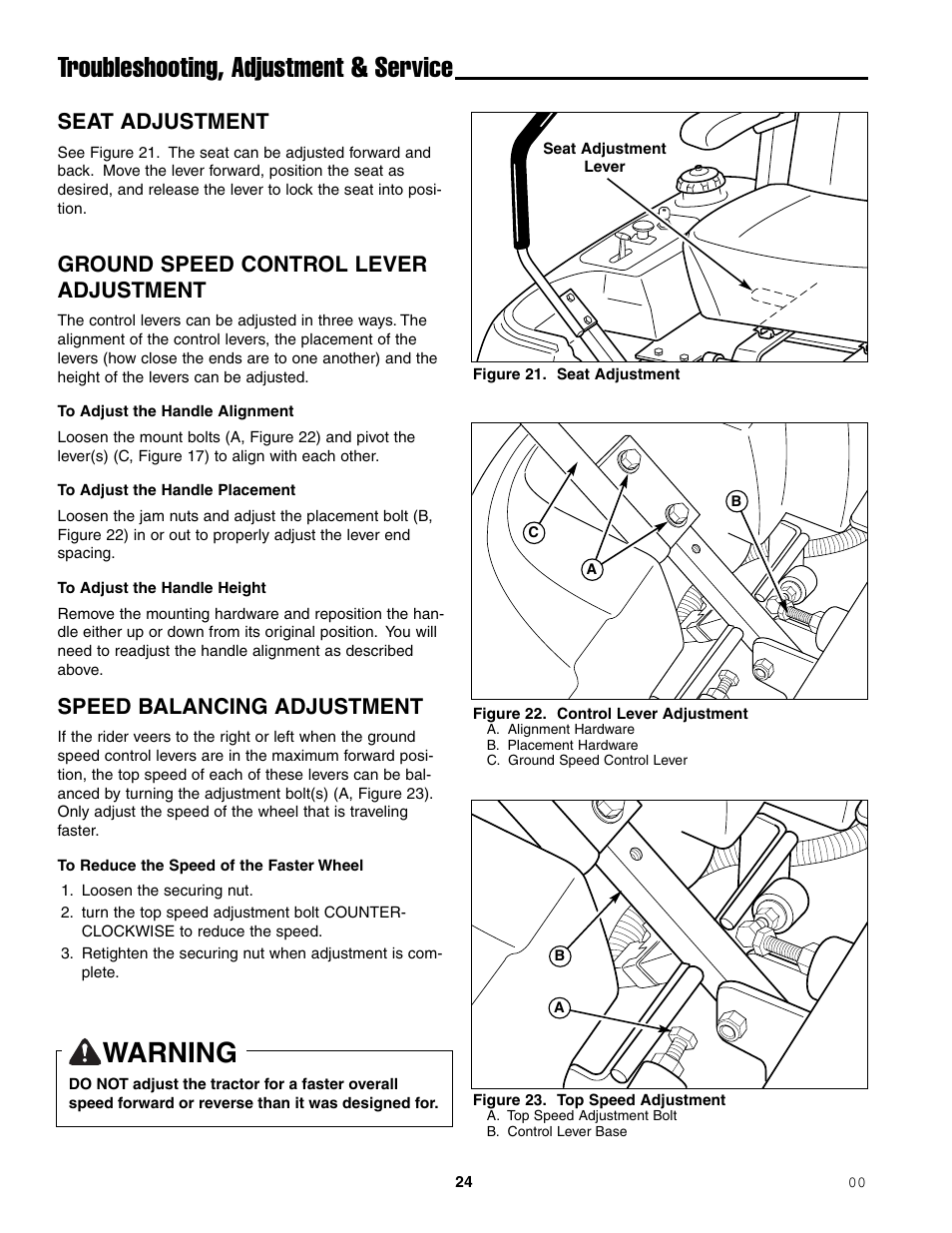 Troubleshooting, adjustment & service, Warning, Seat adjustment | Ground speed control lever adjustment, Speed balancing adjustment | Ferris Industries 1000ZKAV21/48CE User Manual | Page 26 / 42
