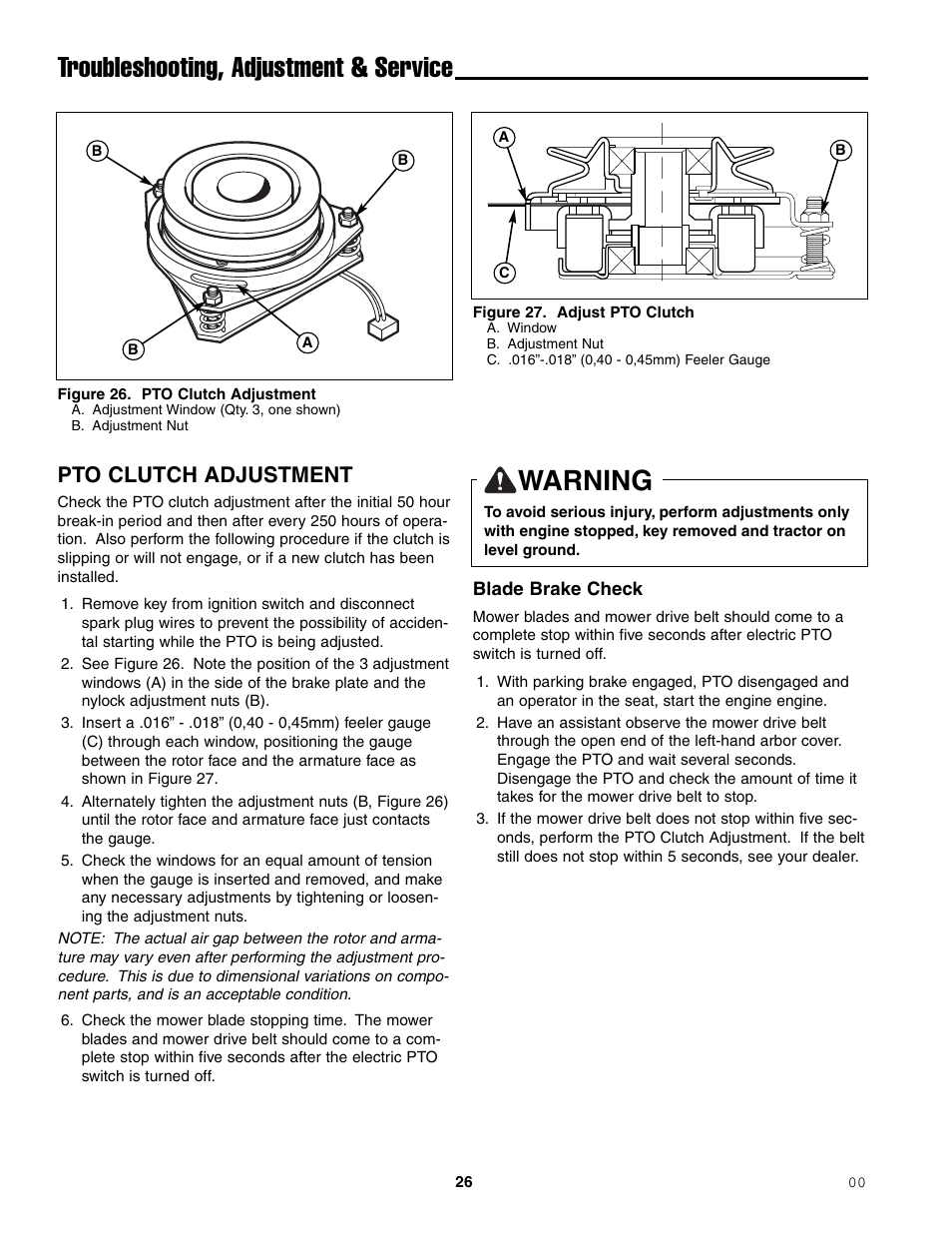 Troubleshooting, adjustment & service warning, Pto clutch adjustment | Ferris Industries 1000ZKAV21/48CE User Manual | Page 28 / 42