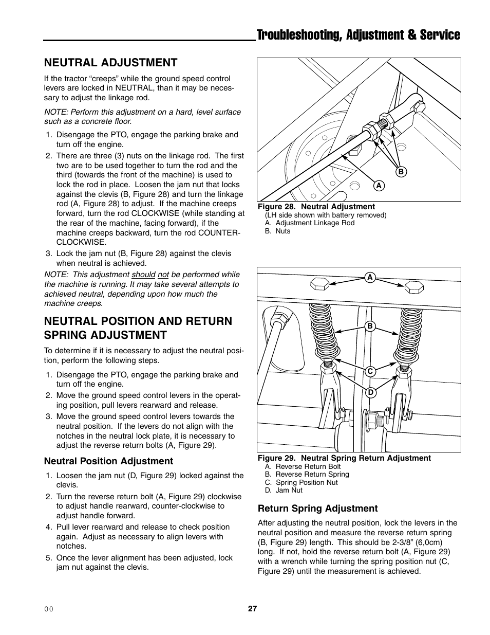 Troubleshooting, adjustment & service, Neutral adjustment, Neutral position and return spring adjustment | Ferris Industries 1000ZKAV21/48CE User Manual | Page 29 / 42