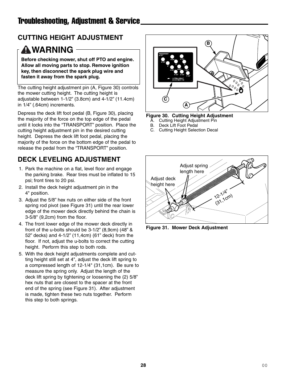 Warning, Troubleshooting, adjustment & service, Cutting height adjustment | Deck leveling adjustment | Ferris Industries 1000ZKAV21/48CE User Manual | Page 30 / 42