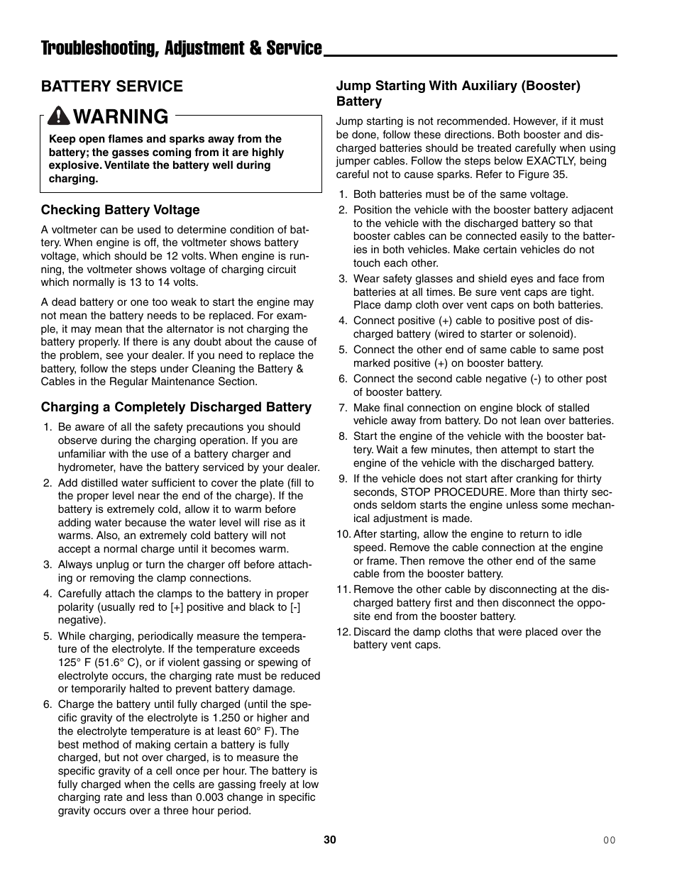Warning, Troubleshooting, adjustment & service, Battery service | Ferris Industries 1000ZKAV21/48CE User Manual | Page 32 / 42
