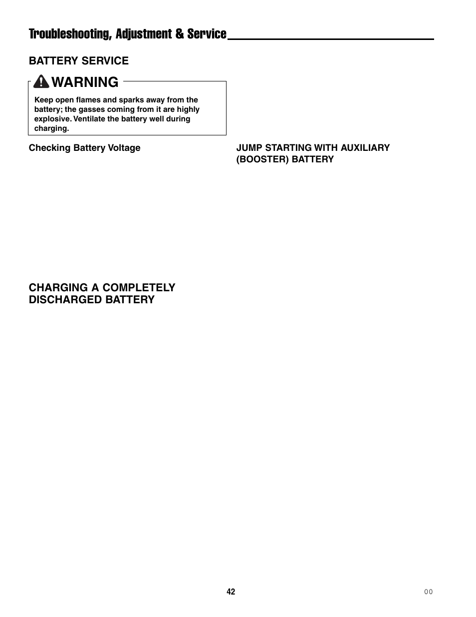 Troubleshooting, adjustment & service, Warning, Battery service | Charging a completely discharged battery | Ferris Industries 5000/72R User Manual | Page 44 / 55