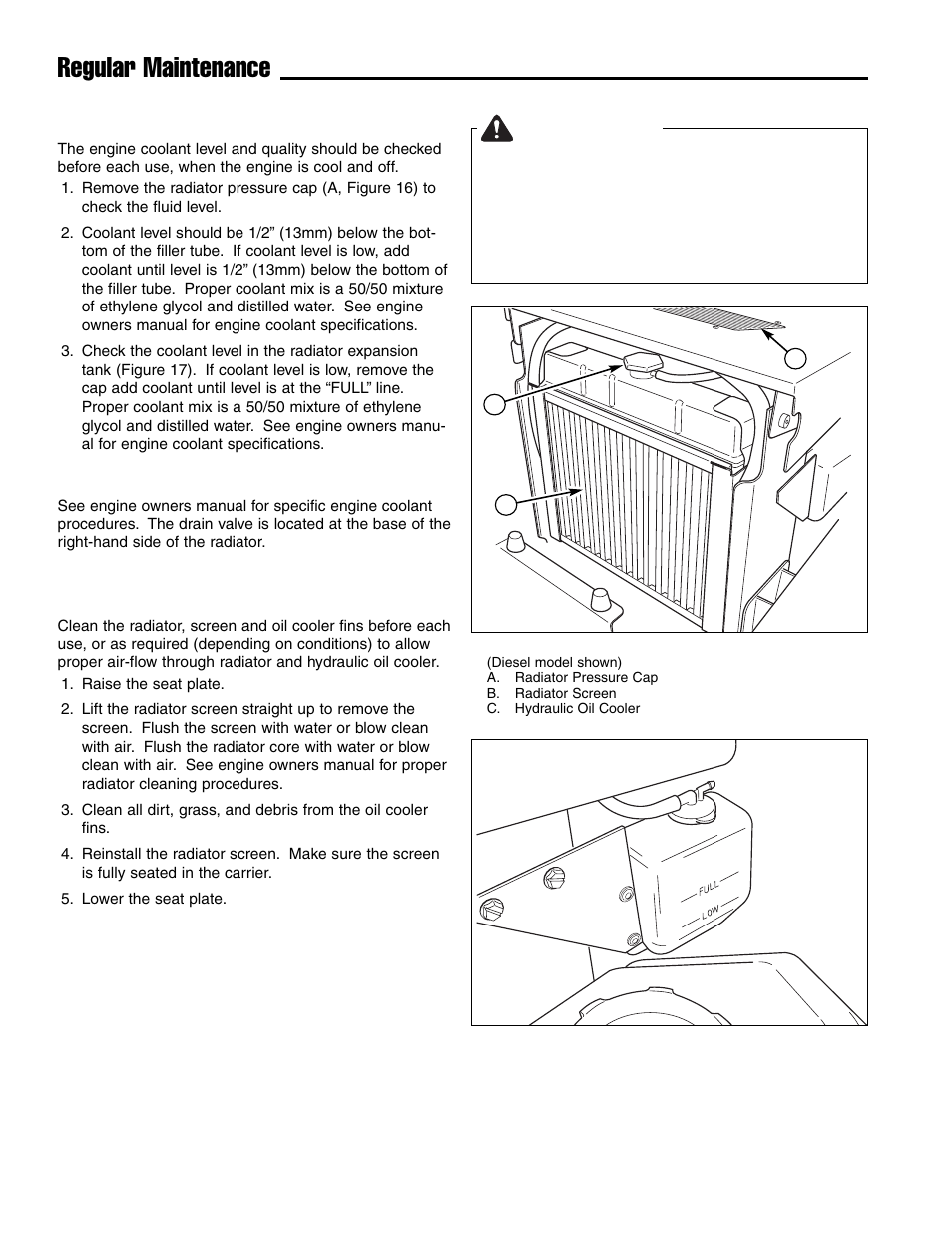 Regular maintenance, Warning, Check engine coolant level | Change engine coolant, Clean radiator, screen & oil cooler | Ferris Industries IS4500ZC28D61CE User Manual | Page 24 / 52