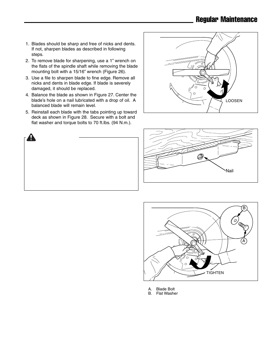 Regular maintenance, Warning, Servicing the mower blades | Ferris Industries IS4500ZC28D61CE User Manual | Page 27 / 52