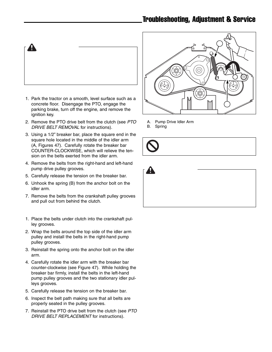 Troubleshooting, adjustment & service, Warning, Belt removal & replacement | Ferris Industries IS4500ZC28D61CE User Manual | Page 37 / 52