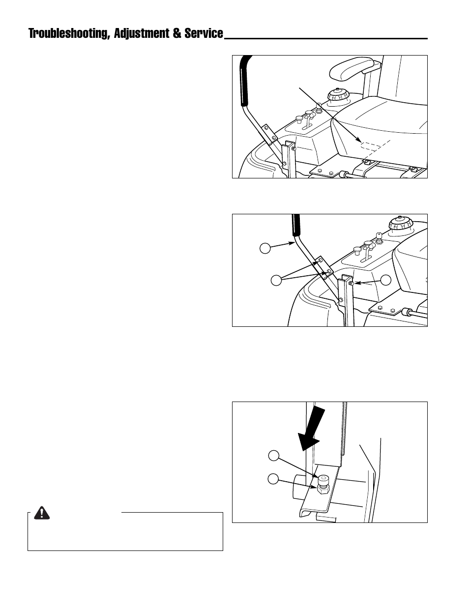 Troubleshooting, adjustment & service, Warning, Seat adjustment | Ground speed control lever adjustment, Speed balancing adjustment | Ferris Industries IS4000Z/KAV27 User Manual | Page 26 / 46