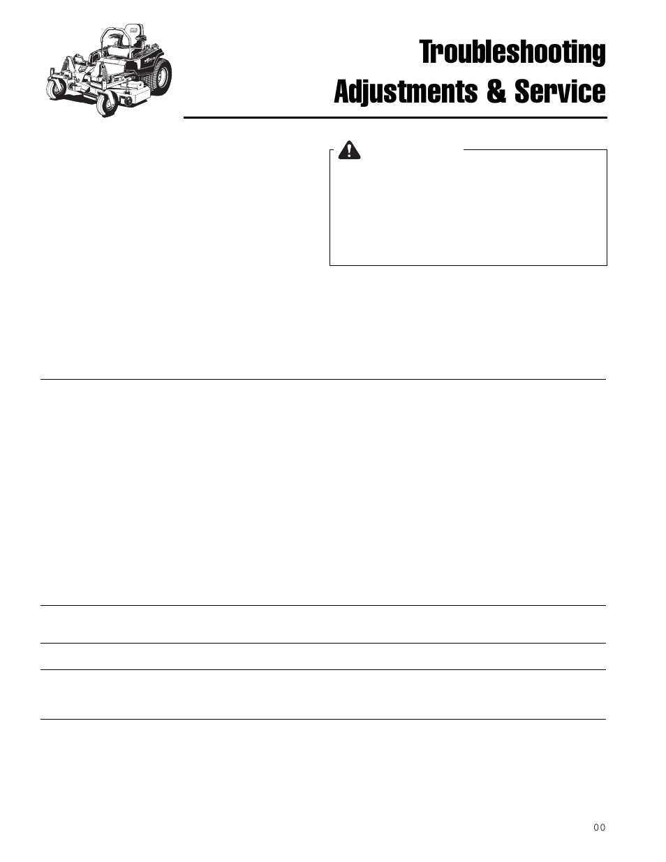 Troubleshooting adjustments & service, Troubleshooting, Warning | Troubleshooting the rider | Ferris Industries IS1000ZKAV21/48 User Manual | Page 24 / 43