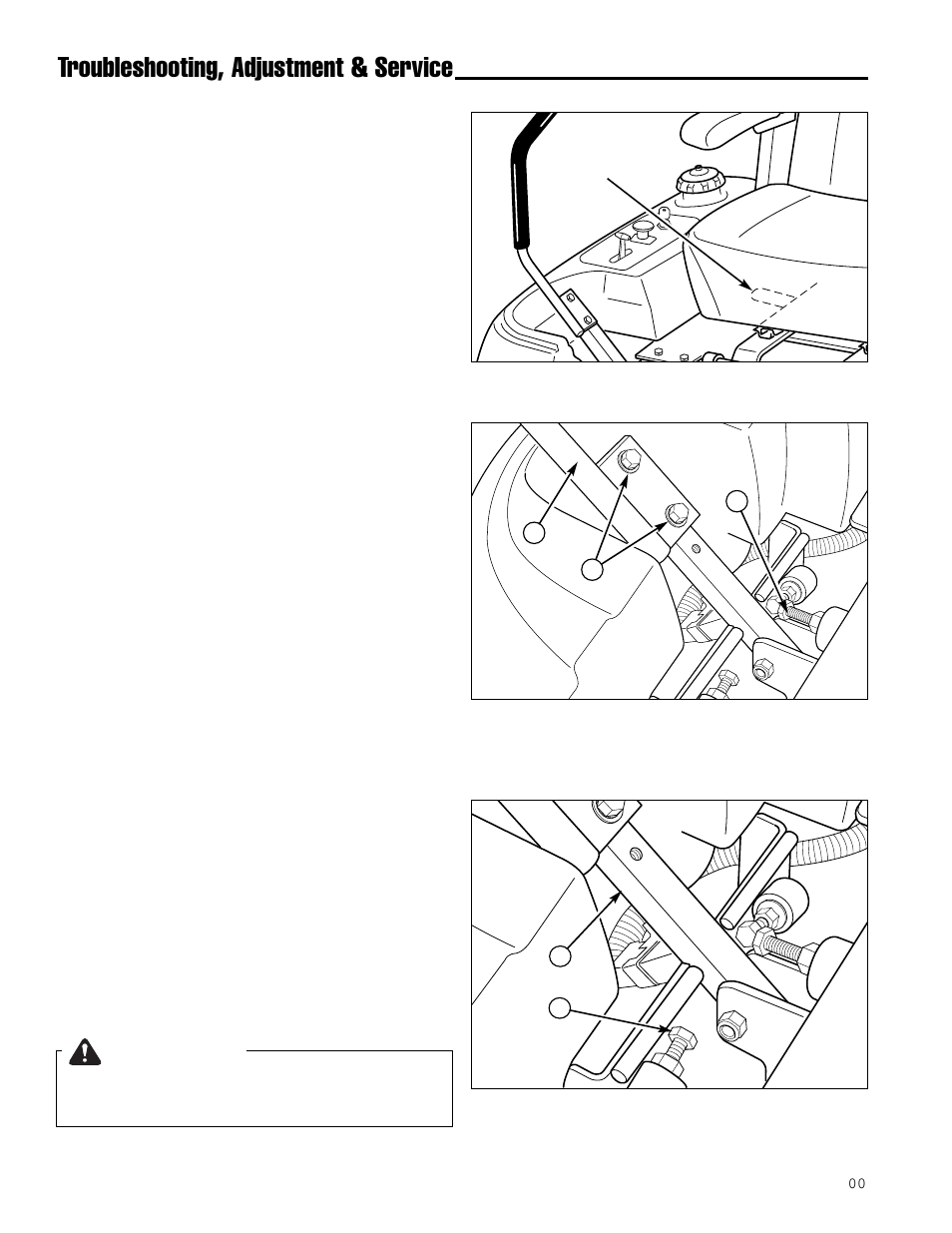 Warning, Troubleshooting, adjustment & service, Seat adjustment | Ground speed control lever adjustment, Speed balancing adjustment | Ferris Industries IS1000ZKAV21/48 User Manual | Page 26 / 43