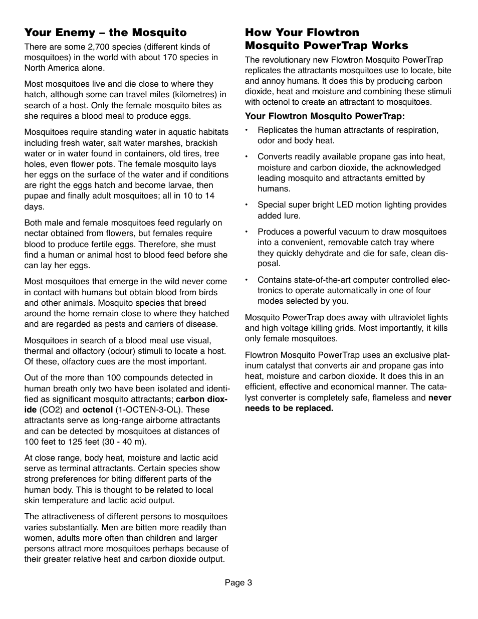 Your enemy – the mosquito, How your flowtron mosquito powertrap works | Flowtron Outdoor Products Mosquito PowerTrap MT-200 Series User Manual | Page 3 / 8