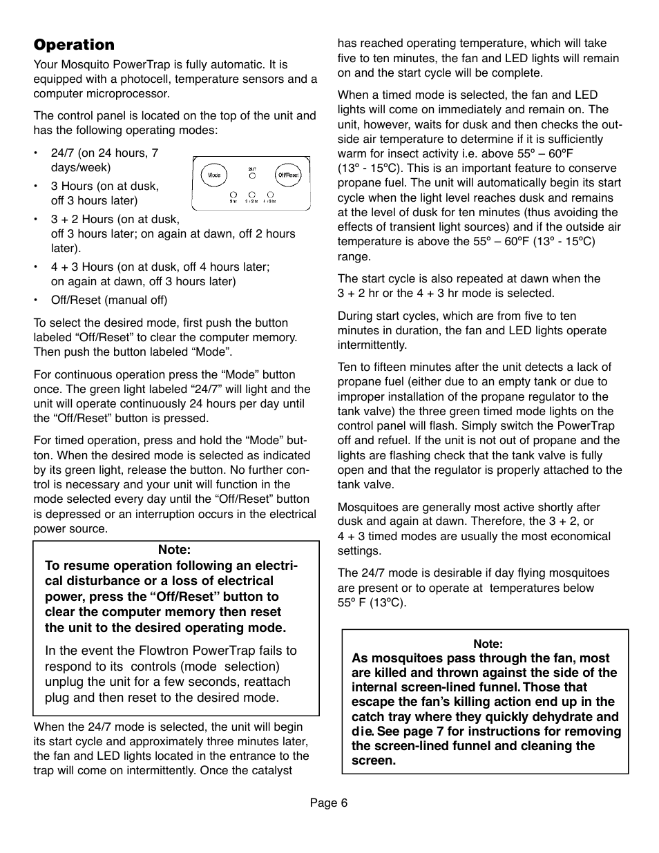 Operation | Flowtron Outdoor Products Mosquito PowerTrap MT-200 Series User Manual | Page 6 / 8