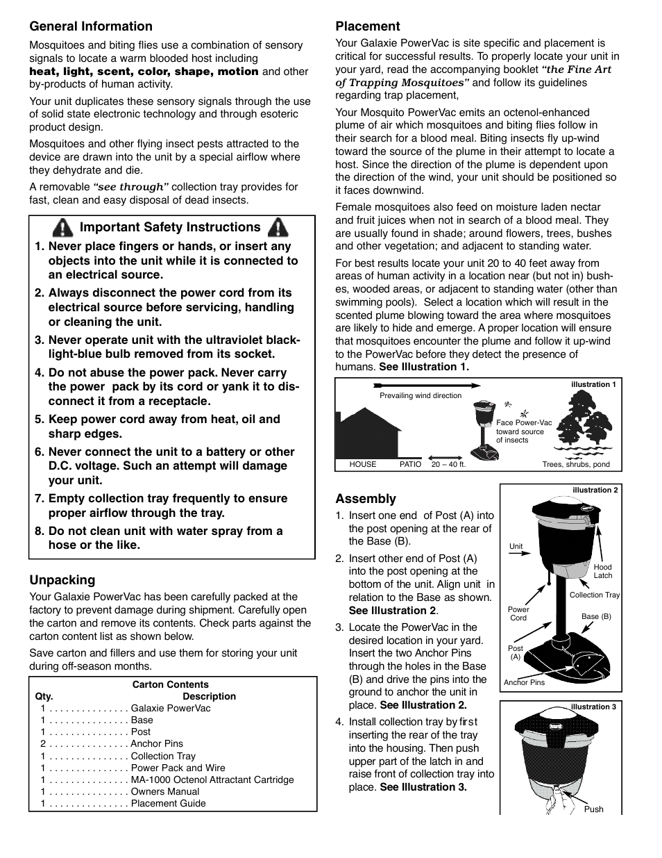 General information, Unpacking, Placement | Assembly, Important safety instructions | Flowtron Outdoor Products Galaxie PV-440 User Manual | Page 2 / 4