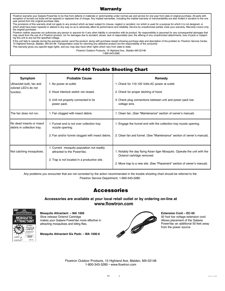 Accessories, Warranty, Pv-440 trouble shooting chart | Page 4 | Flowtron Outdoor Products Galaxie PV-440 User Manual | Page 4 / 4