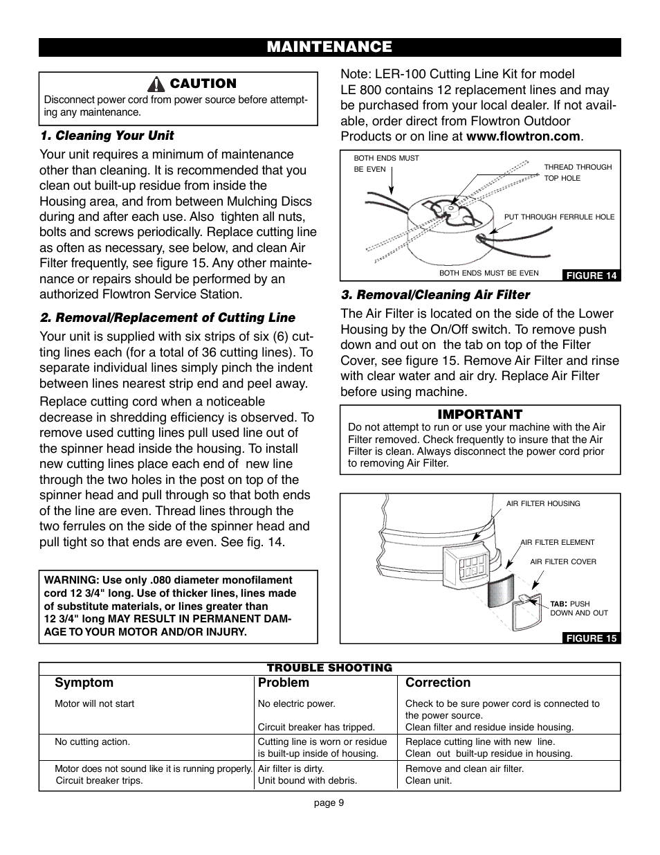 Maintenance, Caution, Symptom problem correction | Flowtron Outdoor Products LE-800B User Manual | Page 9 / 12