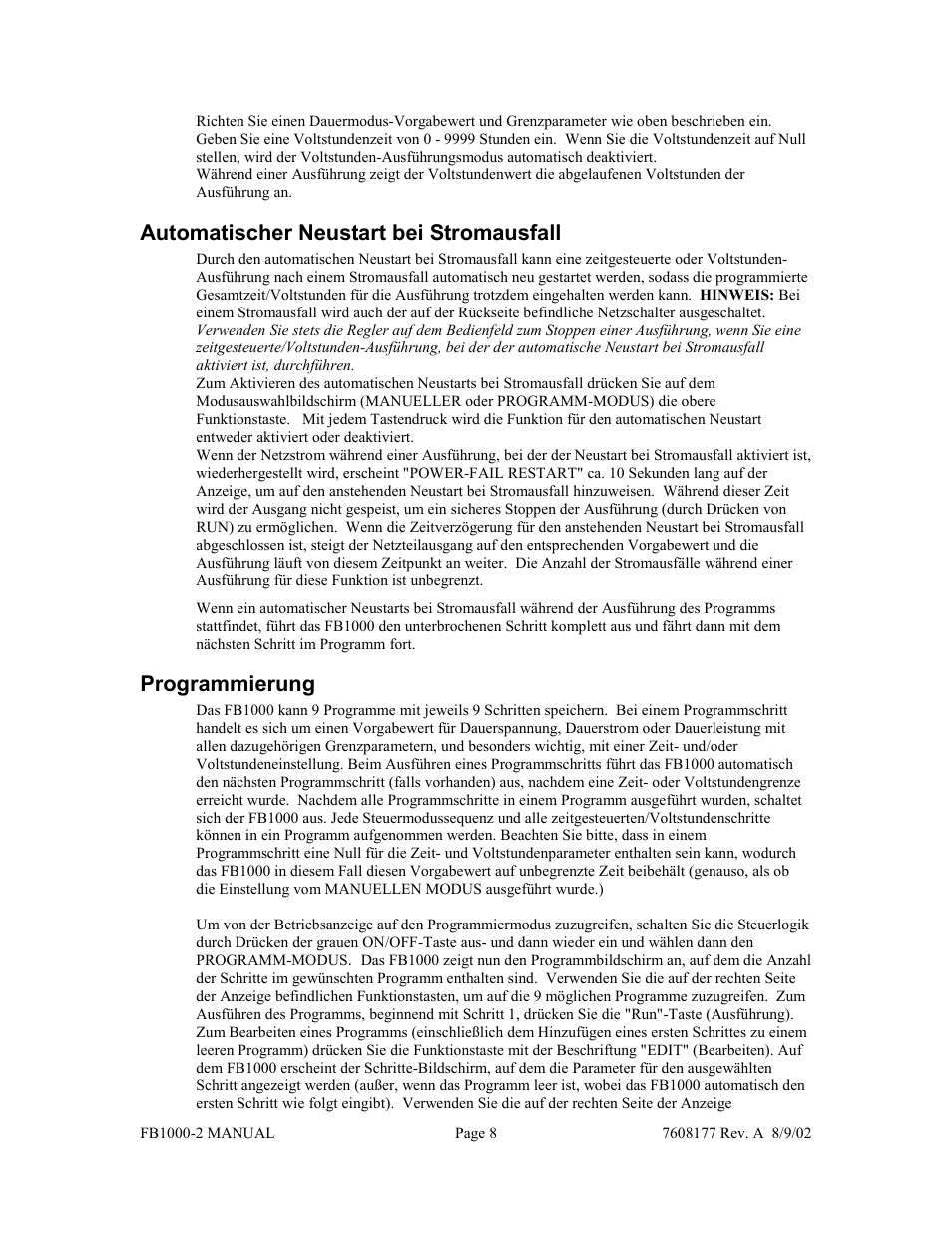 Automatischer neustart bei stromausfall, Programmierung | Fisher FB1000-2 User Manual | Page 32 / 50