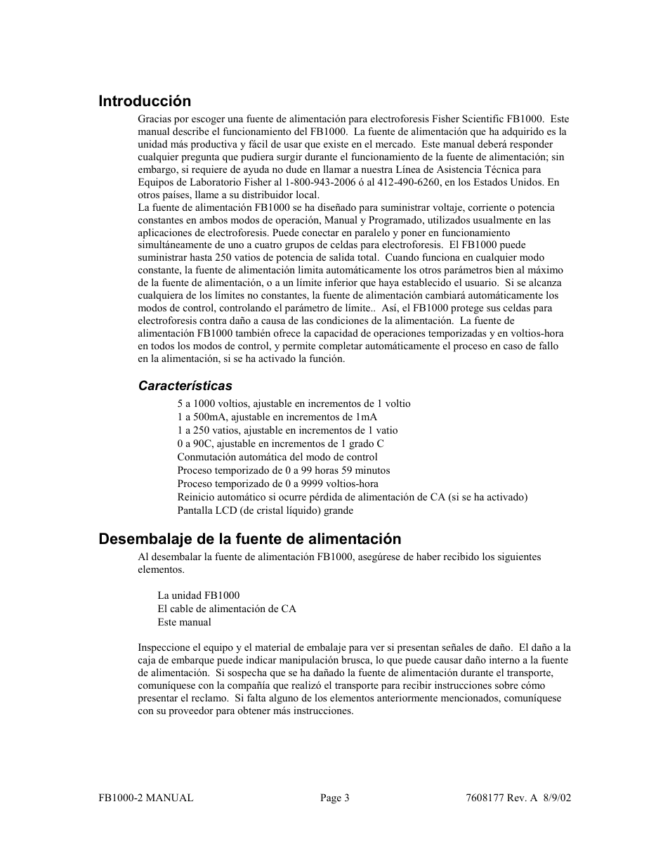 Introducción, Desembalaje de la fuente de alimentación | Fisher FB1000-2 User Manual | Page 39 / 50