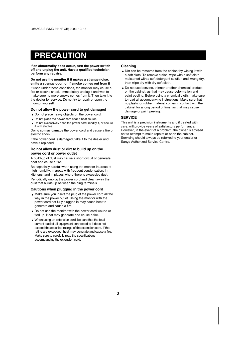 Precaution | Fisher VMC-8614F User Manual | Page 4 / 12