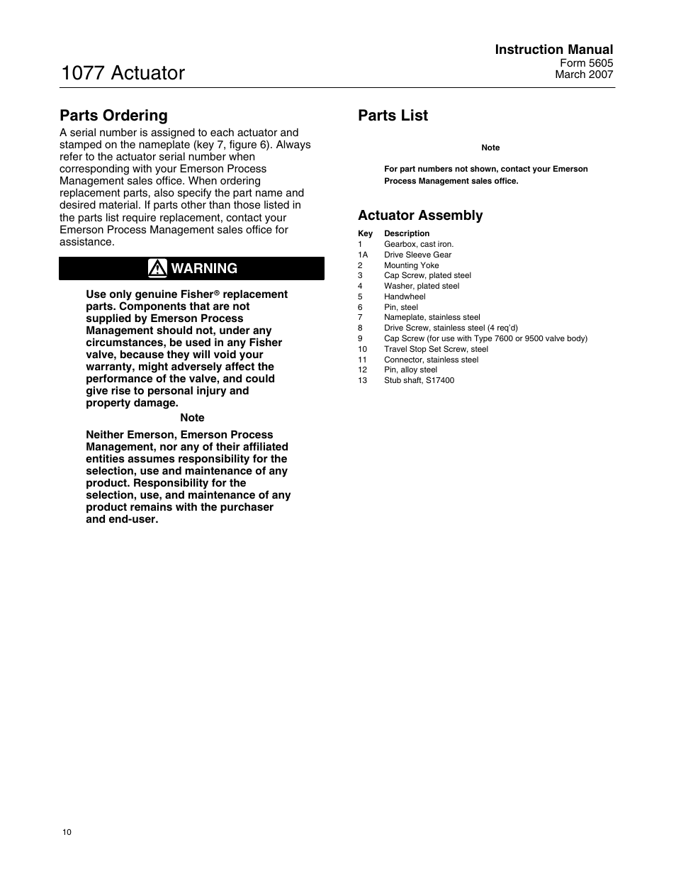 1077 actuator, Parts ordering, Parts list | Warning, Actuator assembly, Instruction manual | Fisher 1077 User Manual | Page 10 / 12