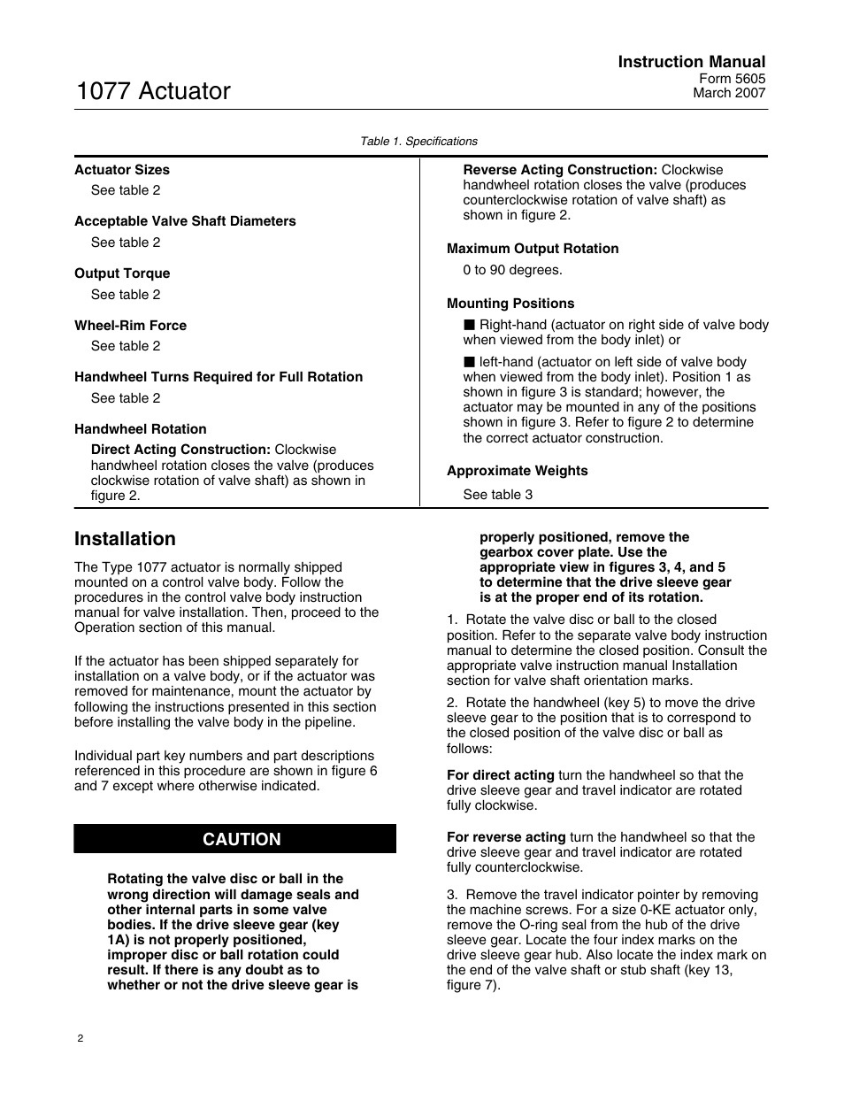 1077 actuator, Installation, Caution | Fisher 1077 User Manual | Page 2 / 12