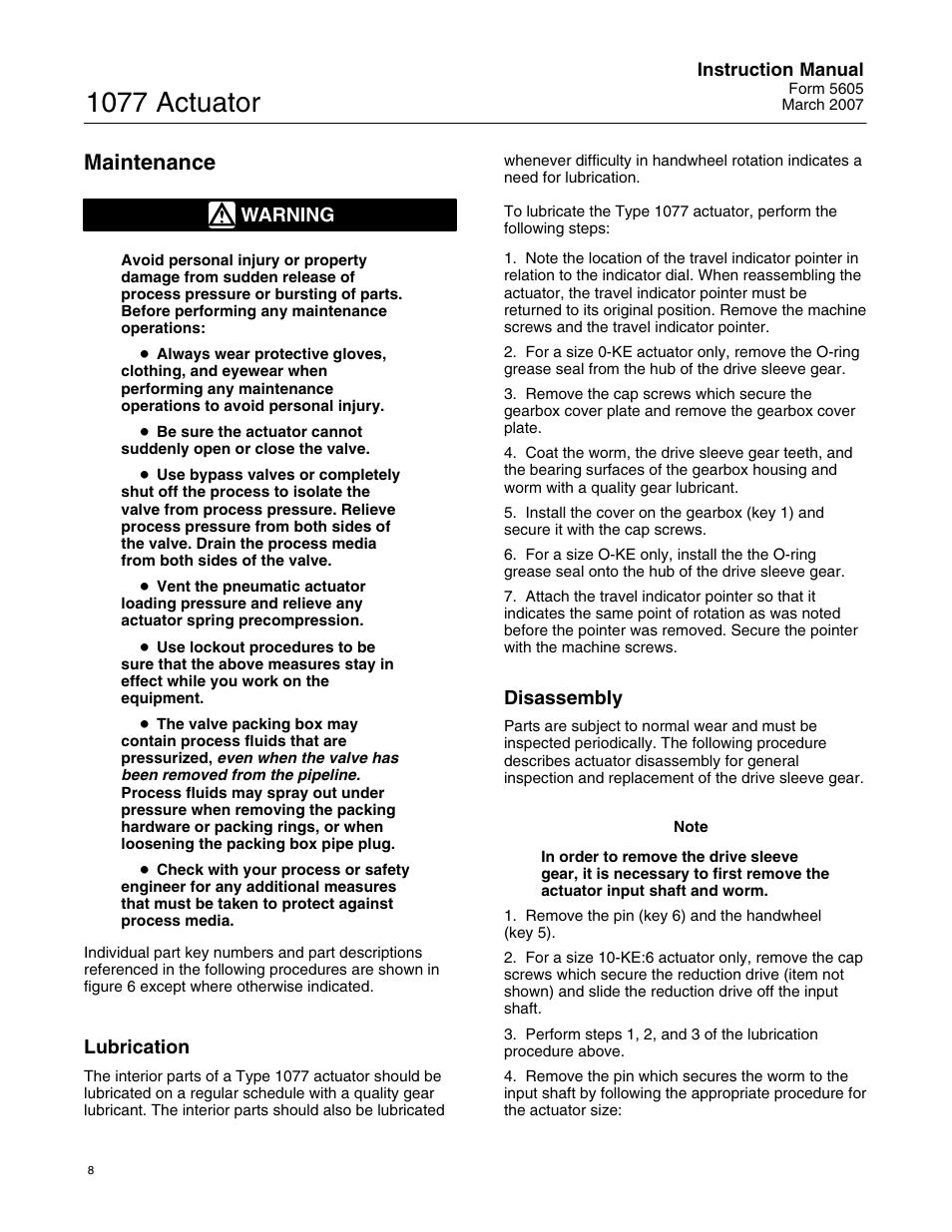 1077 actuator, Maintenance | Fisher 1077 User Manual | Page 8 / 12