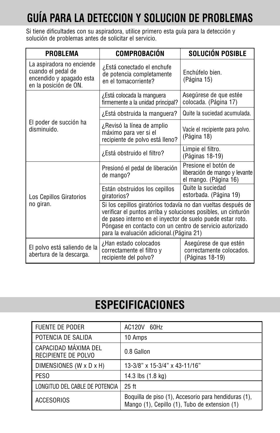 Guía para la deteccion y solucion de problemas, Especificaciones | Fisher SC-TA3000 User Manual | Page 20 / 22