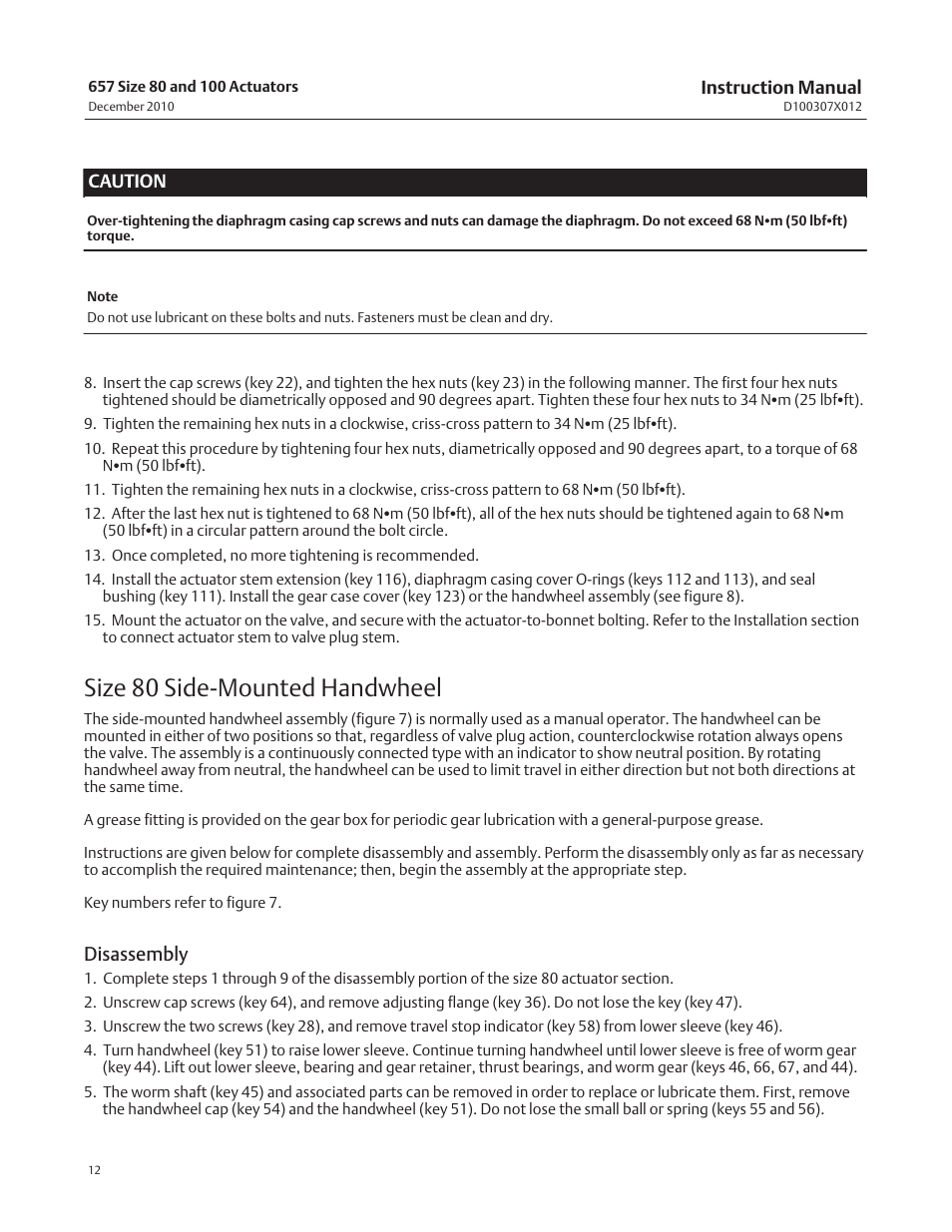 Size 80 side‐mounted handwheel, Disassembly | Fisher 657 User Manual | Page 12 / 24