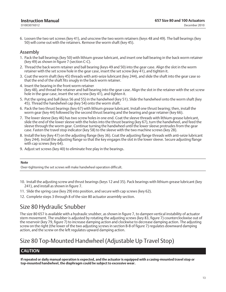 Size 80 hydraulic snubber, Assembly | Fisher 657 User Manual | Page 13 / 24