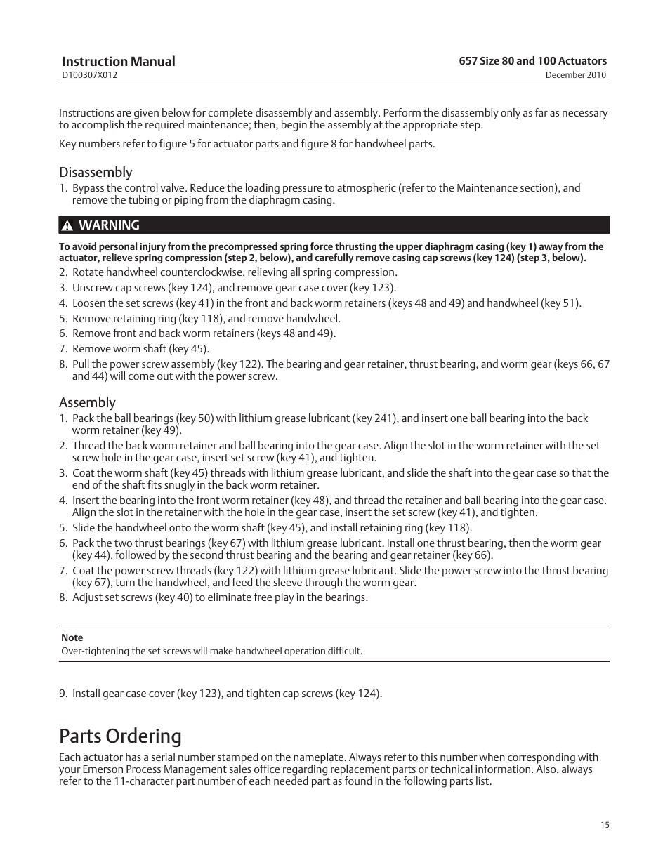 Parts ordering, Disassembly, Assembly | Fisher 657 User Manual | Page 15 / 24