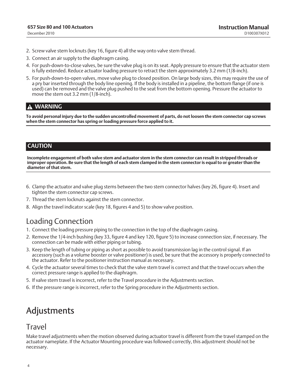 Adjustments, Loading connection, Travel | Fisher 657 User Manual | Page 4 / 24