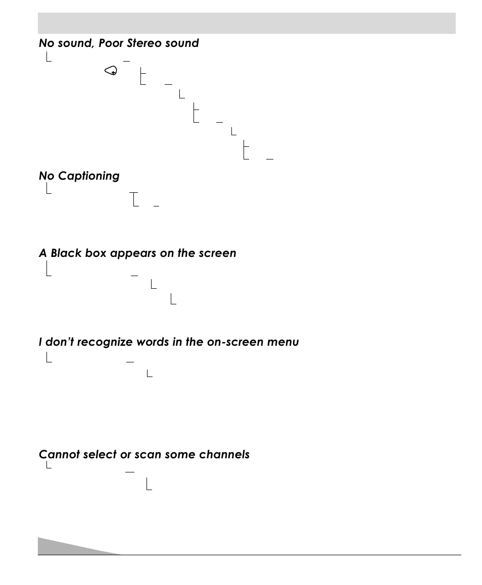 Troubleshooting (continued), No sound, poor stereo sound, A black box appears on the screen | No captioning, I don’t recognize words in the on-screen menu, Cannot select or scan some channels | Fisher PC-27F20 User Manual | Page 20 / 48