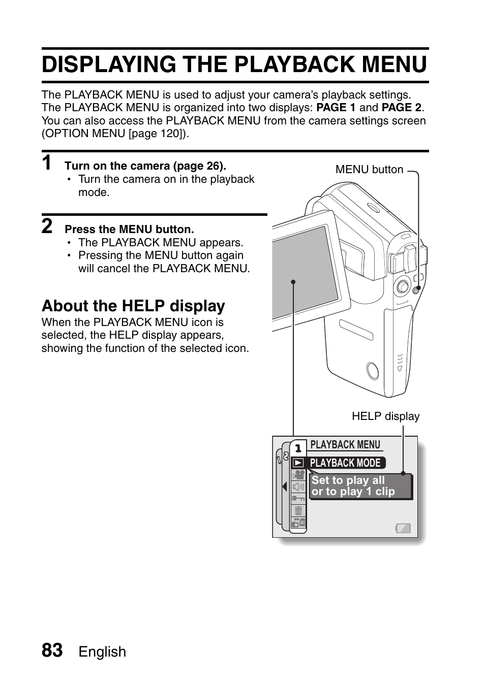 Displaying the playback menu, About the help display | Fisher VPC-CG6GX User Manual | Page 97 / 202