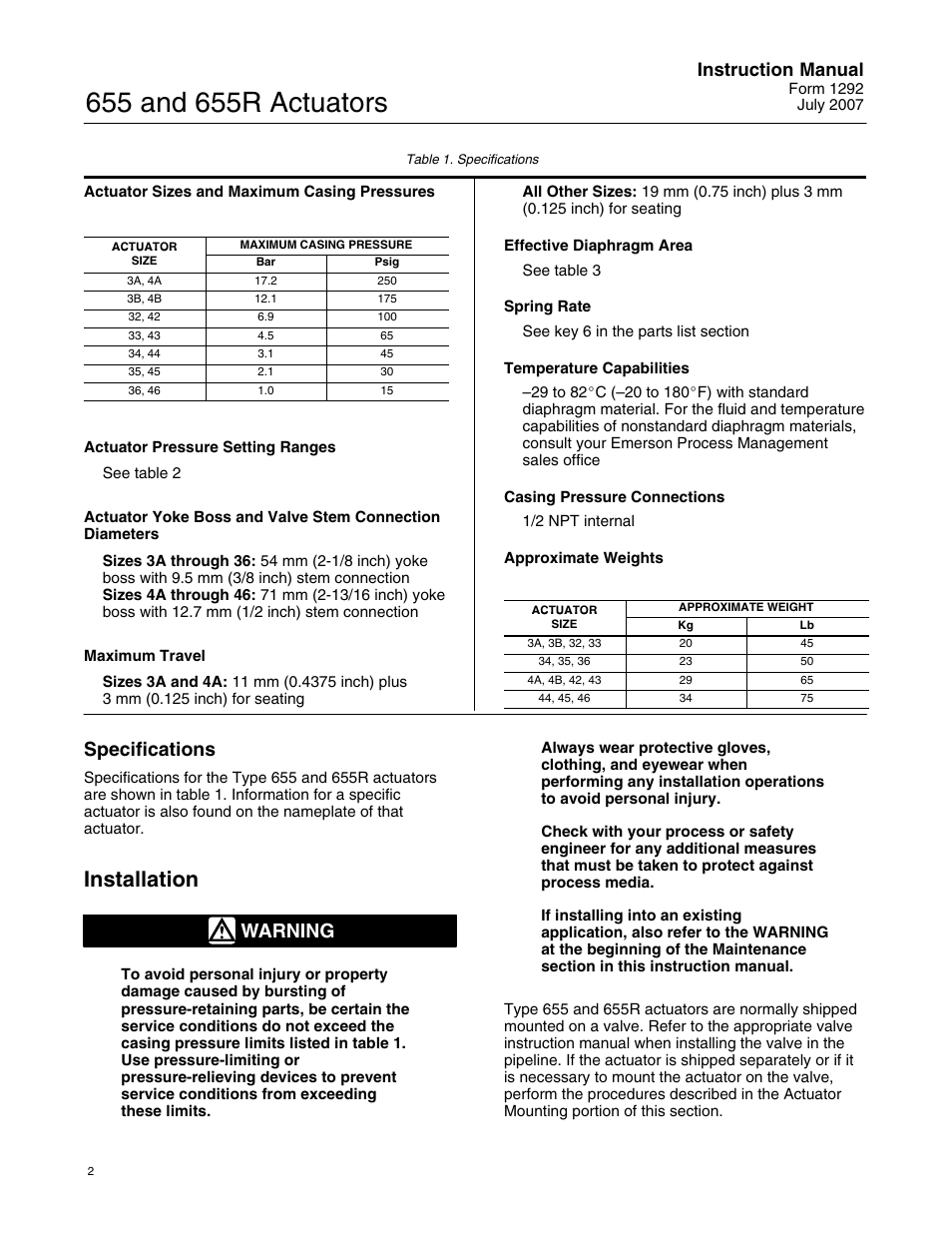 Installation, Specifications, Warning | Instruction manual | Fisher 655 User Manual | Page 2 / 16