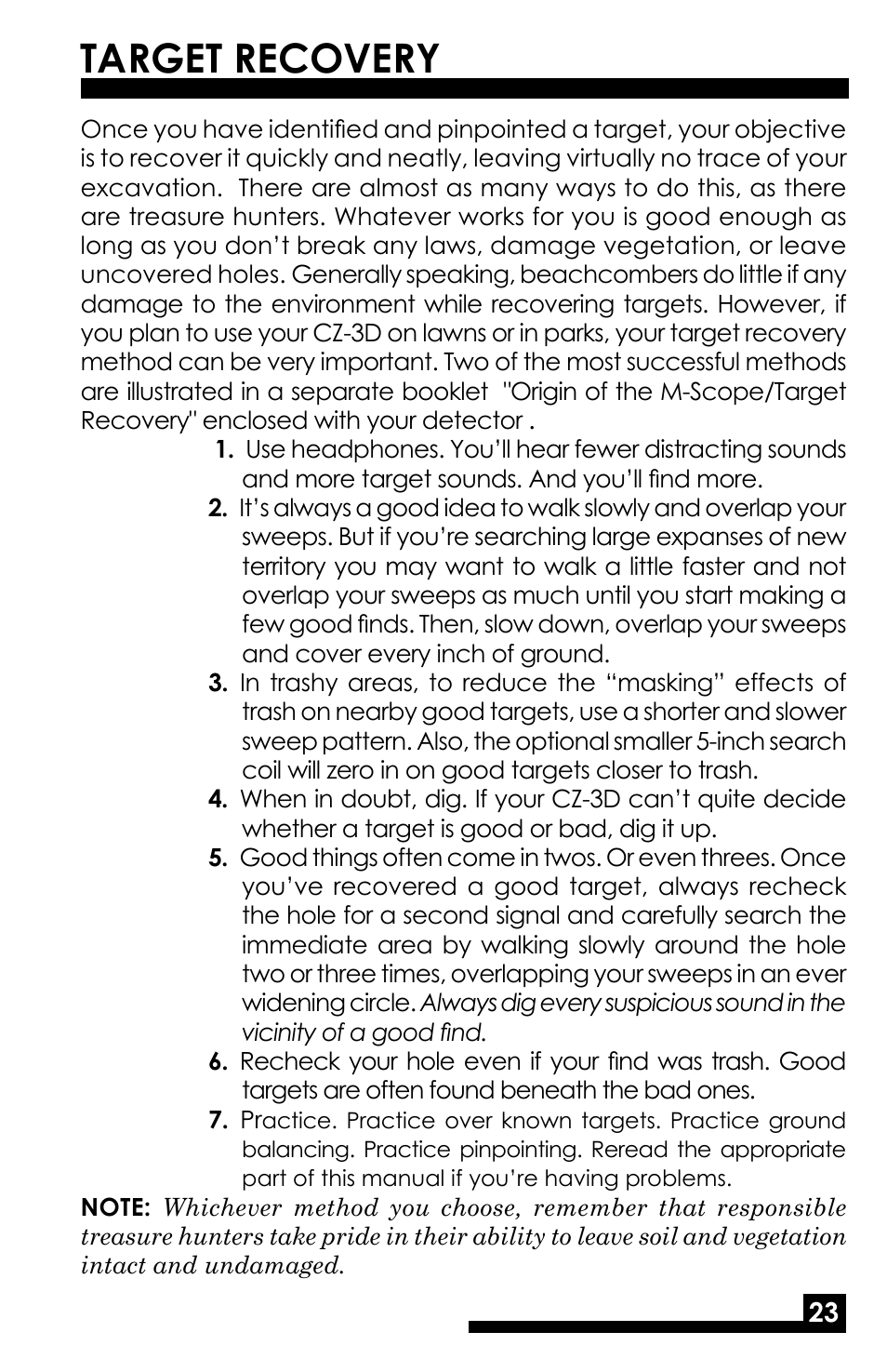 Target recovery | Fisher M-SCOPE CZ-3D User Manual | Page 25 / 32
